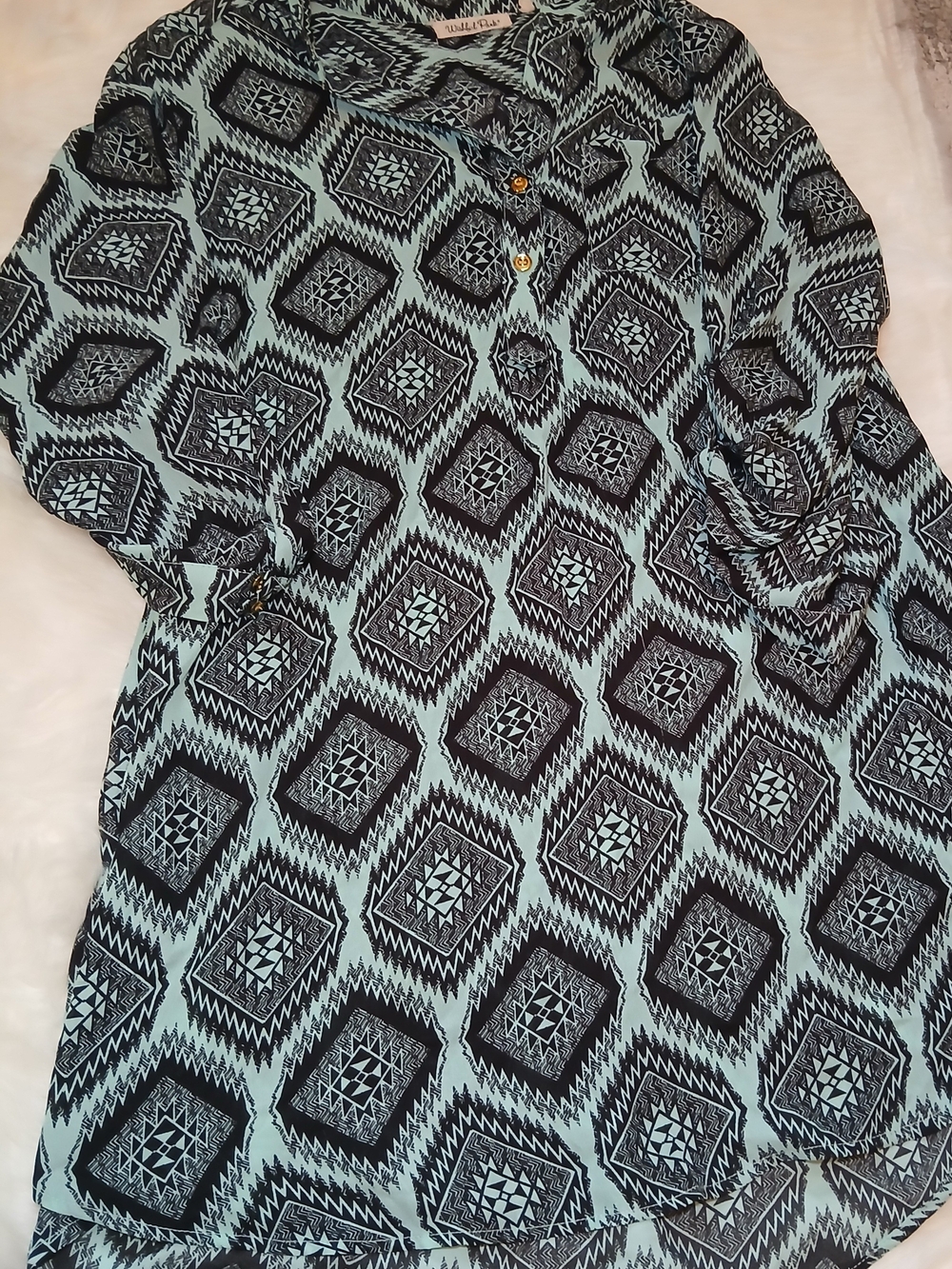 Wishful Park Mint Green and Black Geometric Button-Down Tunic